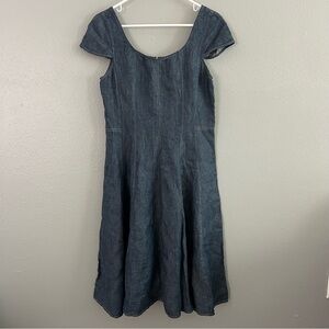 Talbots 100% Linen Chambray Dress Womens 10 Denim Look Fit & Flare Midi Zip Back